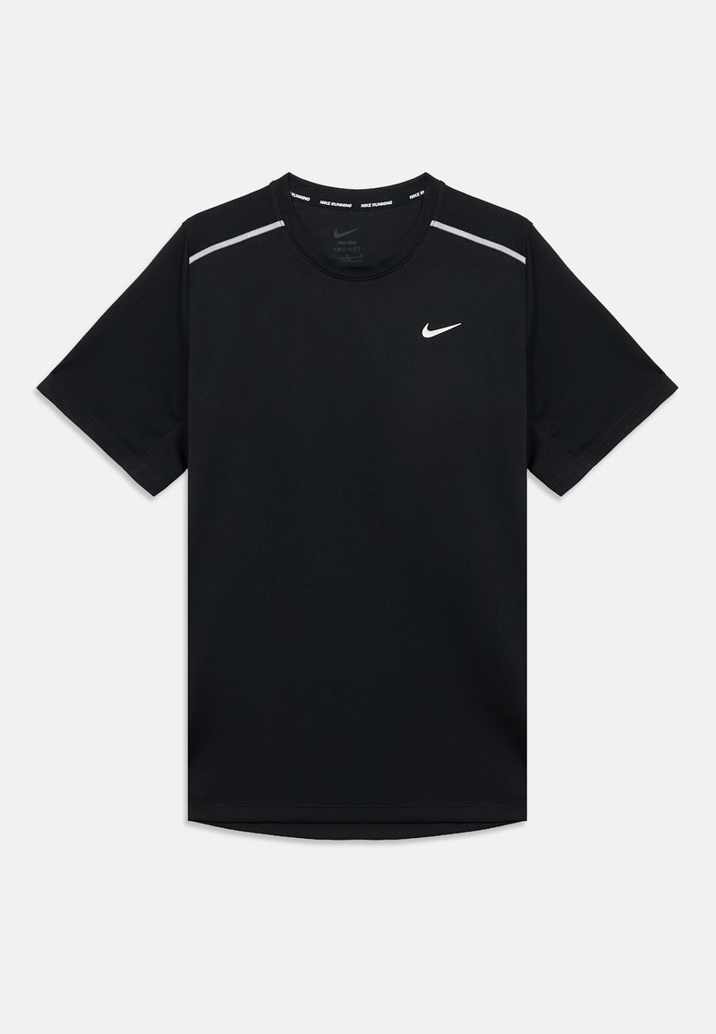 Zwart Nike hardloop-T-shirt met korte mouwen, ronde hals, reflecterende grijze accenten op de schouders en een klein wit logo op de borst.