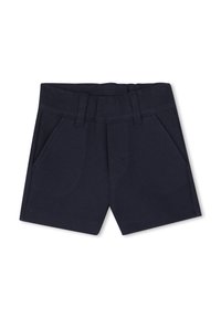 Pantaloni corti blu navy realizzati in tessuto testurizzato, dotati di una vita con passanti per cintura e due tasche frontali. Taglio e finitura precisi.