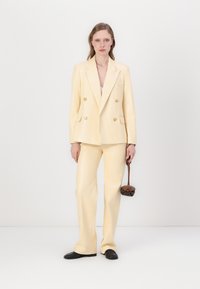 Krämfärgad dubbelknäppt blazer med guldknappar, kombinerad med matchande smala byxor. Slät textur, minimalistisk design och en liten mörkhandväska.