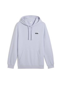 Lys lilla hættetrøje med en frontlomme, snor i hætten og broderet sort Puma-logo på brystet. Blød, glat stoftekstur.