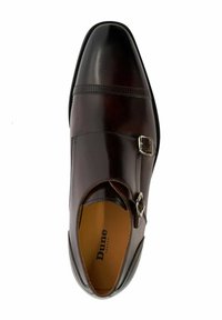 Brown leather dress shoe with a polished finish, double buckle detail, and a rounded toe design. Interior features logo on tan insole.
