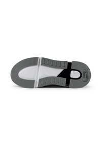 Black and gray athletic shoe outsole, textured rubber with hexagonal pattern, central white section, reinforced heel, logo on side.