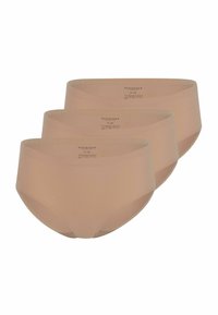 Beige naisten alushousut, kolmen pakkaus, sileä synteettinen materiaali, korkeavyötäröinen muotoilu, ei näkyviä saumoja, pehmeä rakenne, minimaalinen brändäys vyötäröllä.