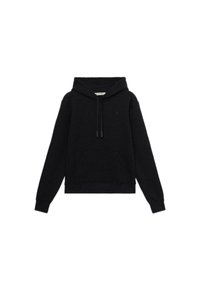 Czarna bluza z kapturem, wykonana z miękkiego materiału. Posiada przednią kieszeń typu kangur, kaptur ze sznurkiem oraz ścianki i dół z prążkowanym wykończeniem. Prosty logo na przodzie.