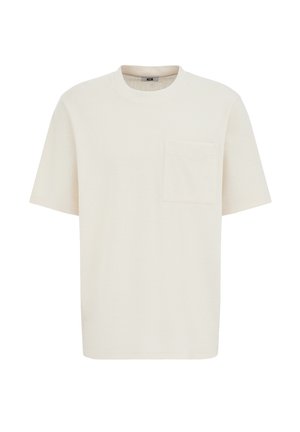 Witte T-shirt met korte mouwen, gemaakt van gestructureerde stof, voorzien van een ronde halslijn en een enkele borstzak. Rechte zoom.