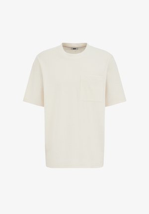 Valge lühikeste varrukatega T-särk tekstuurse kangaga, ümar kaelus ja üks tasku rinnal. Sirge alläär.