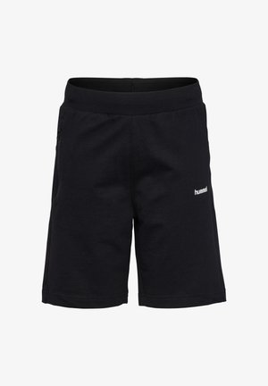 Zwarte knielange korte broek met elastische tailleband, ritszak aan de linkerkant en klein wit "hummel" logo op de rechterdij.