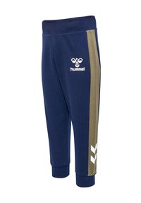 Marineblaue Jogginghosen mit einem olivgrünen Seitenstreifen. Verfügt über ein weißes Logo und Akzente, elastischen Bund und schmal zulaufende Bündchen.