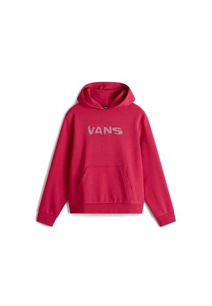 Rotes Kapuzensweatshirt mit Vorderfach und verschwommenem grauem "VANS"-Logo mittig auf der Brust, flach auf weißem Hintergrund liegend.