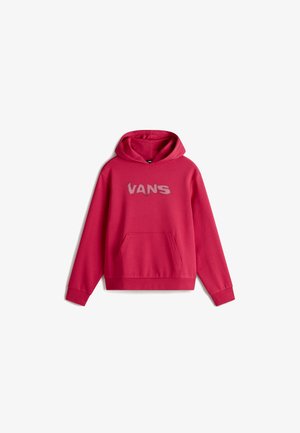 Sweat à capuche rouge avec poche kangourou à l'avant et logo "VANS" gris flou centré sur la poitrine, posé à plat sur un fond blanc.