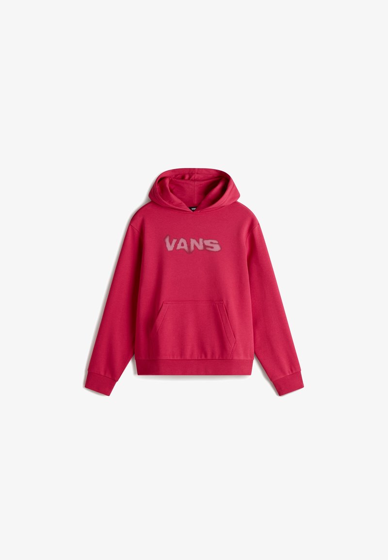 Sweat à capuche rouge avec poche kangourou à l'avant et logo "VANS" gris flou centré sur la poitrine, posé à plat sur un fond blanc.