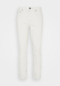 Pantaloni in denim bianco con vestibilità slim, dotati di tasche anteriori, chiusura a bottone e dettagli di cucitura sottili lungo le cuciture.