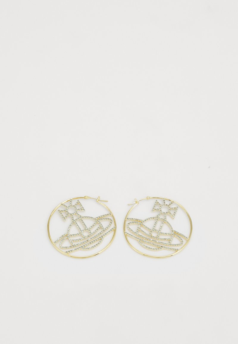 Χρυσά σκουλαρίκια κρίκοι με πολύπλοκο σχέδιο καράβι, διακοσμημένα με λαμπερά πετραδάκια; κυκλικό σχήμα με γυαλιστερή φινίρισμα.