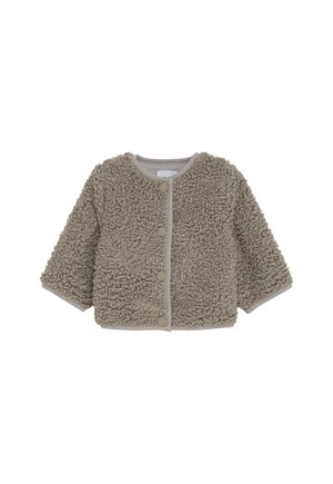 Kurze graue Fleecejacke für Kinder mit lockigen Ärmel und vier Druckknöpfen vorne.