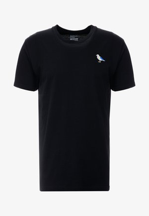 Black cotton t-shirt with short sleeves, featuring a small blue and white bird embroidered on the left chest. Classic crew neckline.
