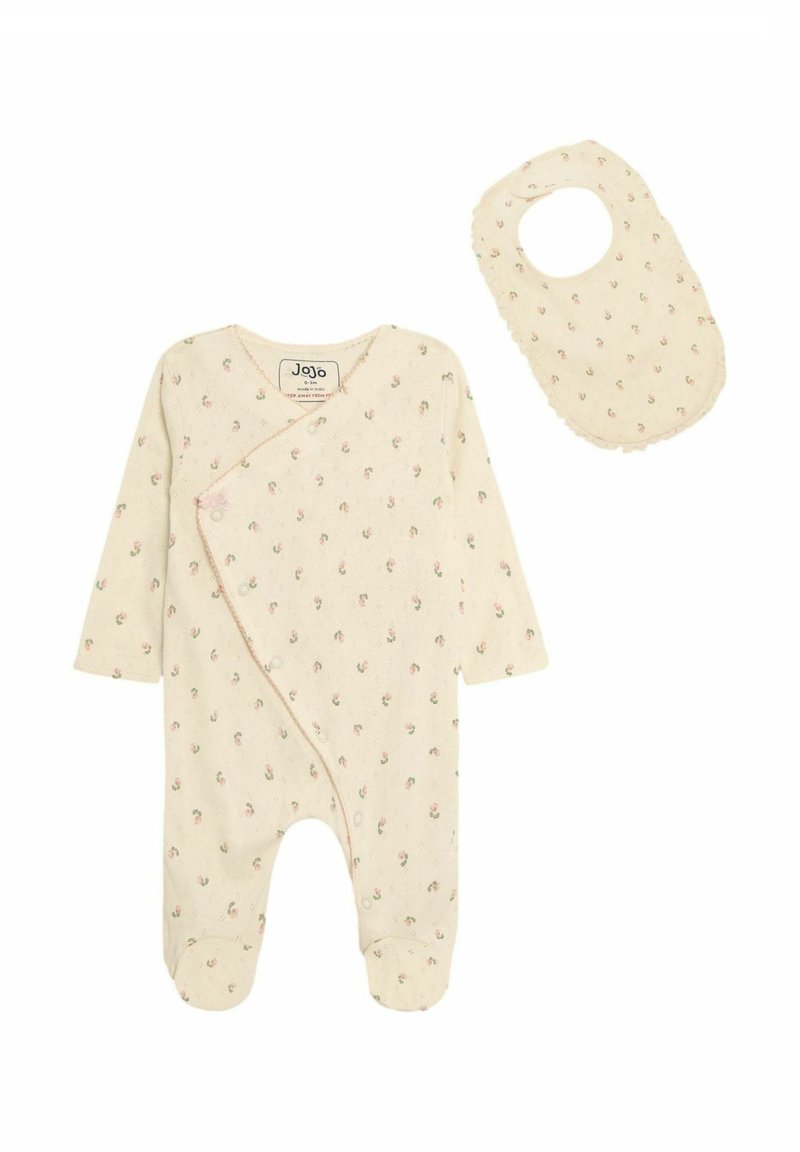 Bebi outfit u krem boji s cvjetnim uzorkom, dugih rukava, s dugmićima za zakopčavanje i odgovarajućim maramom. Mekani materijal s teksturiranim detaljima.