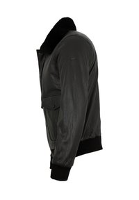 Schwarze Leder-Bomberjacke mit Kunstpelzkragen, gerippten Bündchen und einem Reißverschluss vorne. Verfügt über Seitentaschen und eine glatte Textur.