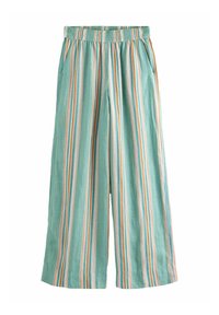 Pantalon large bleu clair avec des rayures verticales multicolores. Il possède une taille élastique et des poches latérales. Confectionné dans un tissu texturé.