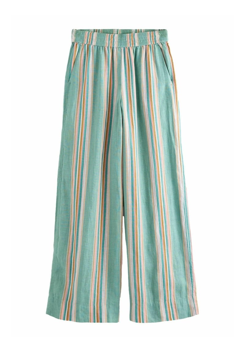 Pantalon large bleu clair avec des rayures verticales multicolores. Il possède une taille élastique et des poches latérales. Confectionné dans un tissu texturé.