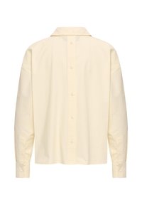 Lichtgele lange mouwen shirt met een klassieke kraag, knoopsluiting aan de voorkant en knoopmanchetten. Gemaakt van een gladde, zachte stof. Achteraanzicht.