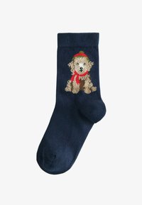 Unselected, navy blue red argyle dog