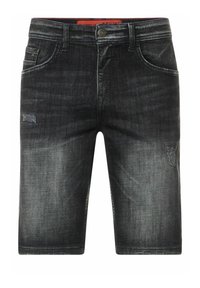 Mustat farkkushortsit, joissa on vaaleaa kulumista ja rikkinäisiä yksityiskohtia. Shortsissa on viisi taskua ja metallinen napin sulku vyötäröllä.