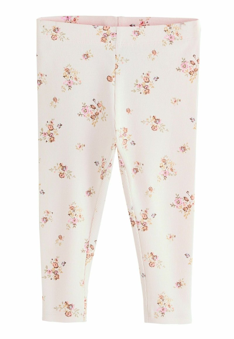 Blumenleggings aus geripptem Stoff mit einem hellrosa Hintergrund und kleinen, filigranen Blumenmustern in verschiedenen Rosa- und Goldtönen.