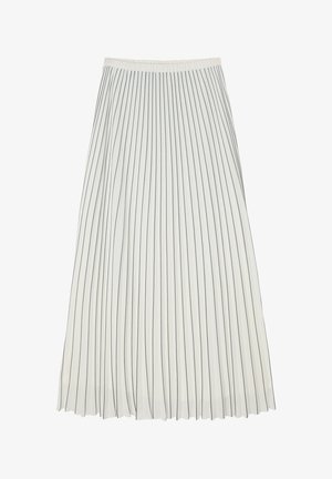 Pleated skirt in white fabric with navy vertical stripes, featuring a comfortable elastic waistband and a flowing design.