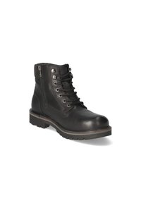 Bottes noires en cuir à la cheville avec fermeture à lacets à l'avant, fermeture éclair latérale, col rembourré et semelle robuste pour une meilleure adhérence. Comprend des œillets en métal et des détails de couture.