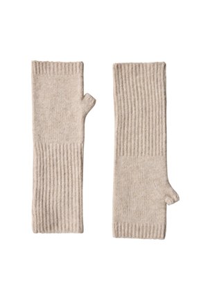 Gants sans doigts beige en tricot avec poignets côtelés, section séparée pour le pouce et design de main ouverte.