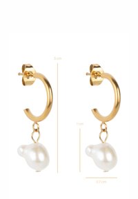 Gold hoop earrings featuring a smooth pearl drop. Hoop diameter is 3 cm, with the pearl measuring 1 cm by 0.7 cm.