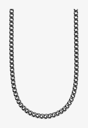 Schwarzfarbener Metallkettenschmuck mit ineinandergreifenden Gliedern, der eine glatte Textur und eine einheitliche Form aufweist und für verschiedene Stile geeignet ist.