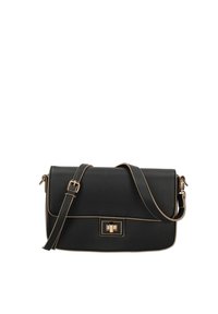 Borsa a tracolla in pelle nera con hardware dorato, design strutturato, tracolla regolabile e dettaglio di cuciture a contrasto.
