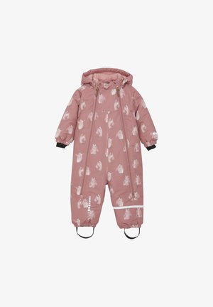 Roze geïsoleerde sneeuwoverall met een capuchon, voorzien van een pinguïnpatroon en elastische manchetten. Voorzien van een rits aan de voorkant en verstelbare voetbanden voor een veilige pasvorm.