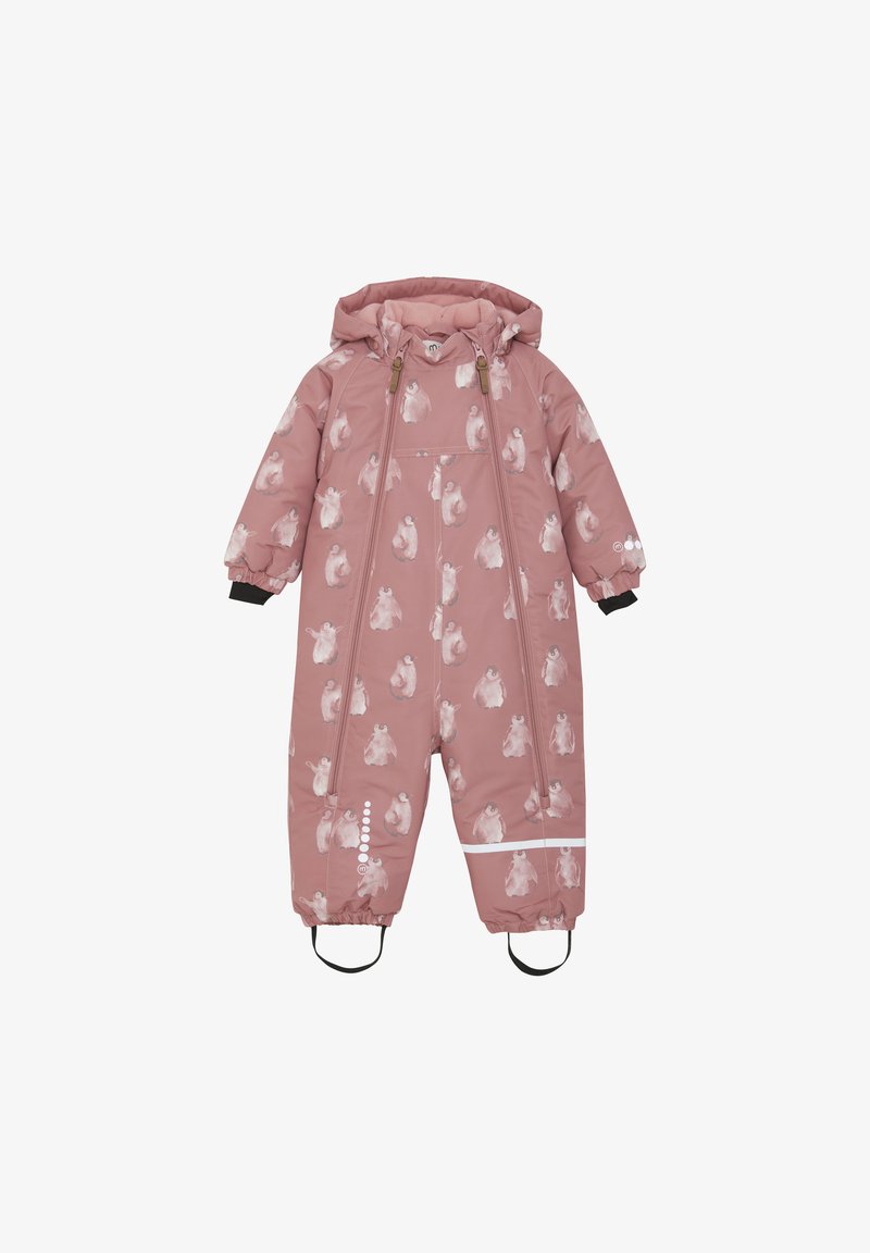 Pink isoleret vinterdragt med hætte, der har et pingvinmønster og elastiske manchetter. Foran lynlås og justerbare fodstropper for en sikker pasform.