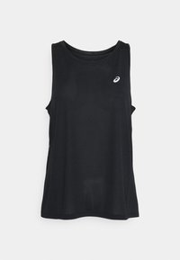Camiseta atlética sin mangas negra hecha de tela ligera, con un escote redondo y un pequeño logo blanco en la esquina superior izquierda.