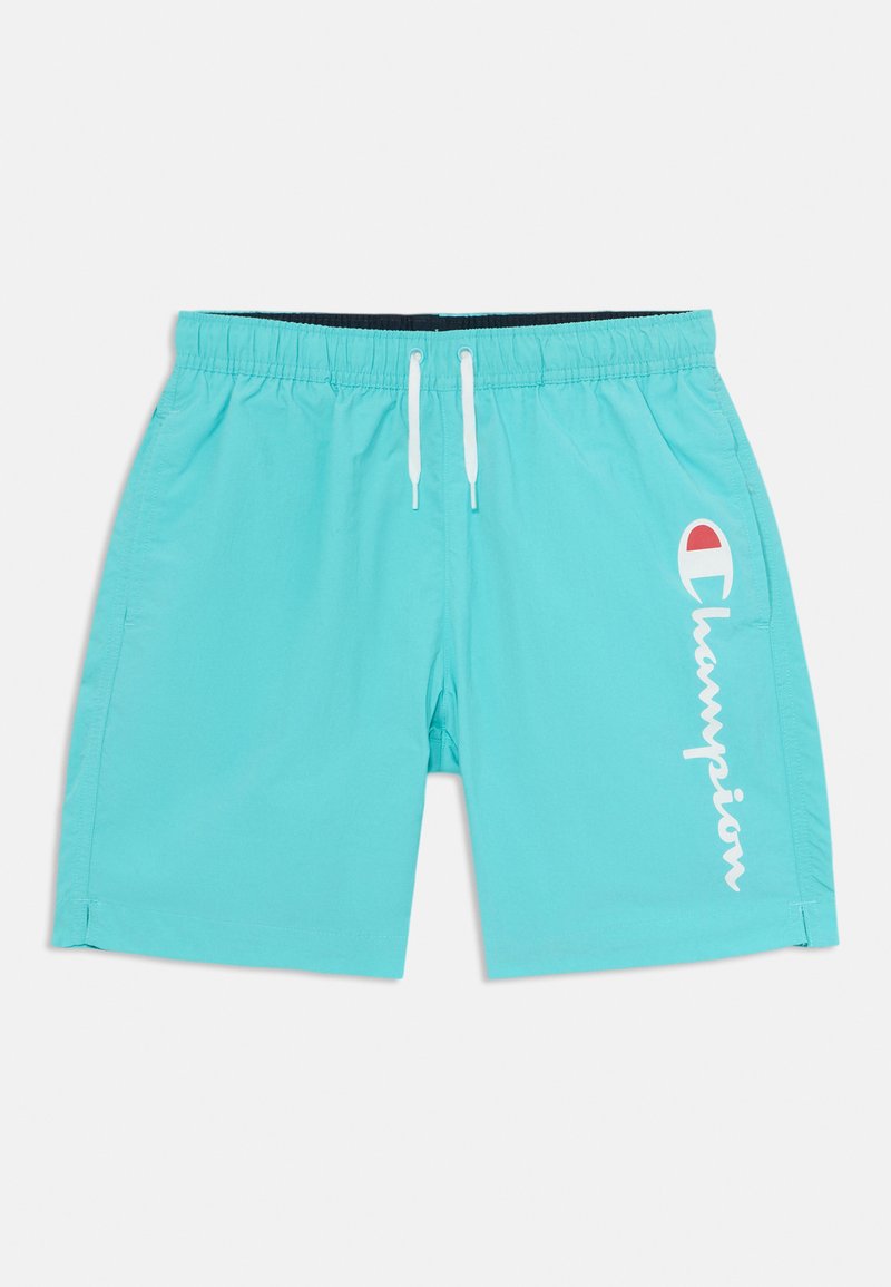 Costumi da bagno turchesi con vita elastica e lacci bianchi. Presentano un grande logo bianco "Champion" sul lato sinistro.