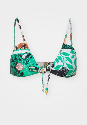 Triangle bikini top with vibrant green fabric featuring tropical leaf patterns, adjustable straps, and decorative bead accents at the center.