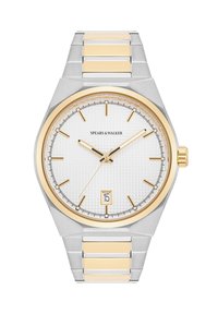 Reloj de acero inoxidable plateado con una esfera blanca texturizada, acentos dorados y una pantalla de fecha. Cuenta con una pulsera bicolor de oro y plata.