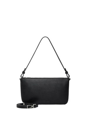 Schwarze rechteckige Lederhandtasche mit oberem Reißverschluss, verstellbarem Schulterriemen und einem zusätzlichen abnehmbaren Riemen unten.