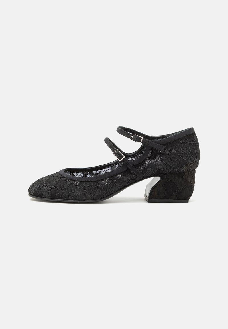 Black lace Mary Jane shoes featuring a rounded toe, dual ankle straps, and a textured block heel with a metallic accent.