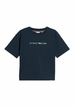 Marineblå bomulds t-shirt med korte ærmer, prydet med et flerfarvet "PS Paul Smith Co" logo på fronten og en stribet halsudskæring.