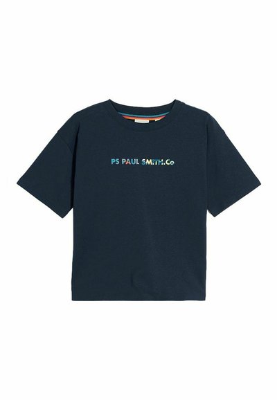 Tumesinine puuvillane t-särk lühikeste varrukatega, millel on ees mitmevärviline "PS Paul Smith Co" logo ja triibuline krae.