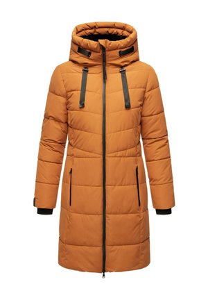 Oranger isolierter Parka mit Kapuze, ausgestattet mit schwarzen Reißverschlusstaschen, kontrastierenden Trägern und einer gesteppten Textur für Wärme und Stil.