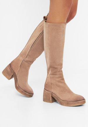 Bottes en daim couleur beige foncé montantes jusqu'au genou avec talons carrés et fermetures éclair latérales, portées sur des jambes à la peau lisse, posées sur un fond blanc.