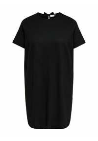 Czarna sukienka z krótkim rękawem wykonana z gładkiej tkaniny, z okrągłym dekoltem i niewielkim wycięciem z tyłu zapinanym na kokardę.