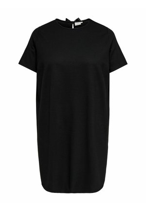 Svart kortermet kjole laget av glatt stoff, med rund hals og en liten nøkkelhull-detalj bak med knytebånd.