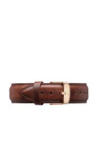 Brown leather watch strap with gold-tone metal buckle, featuring a smooth texture, stitched edges, and multiple adjustment holes.