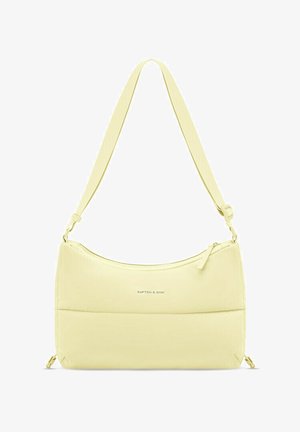 Hellgelbe rechteckige Umhängetasche mit verstellbarem Riemen, Reißverschlussverschluss und kleinem "Kapten & Son"-Logo in der Mitte auf der Vorderseite.