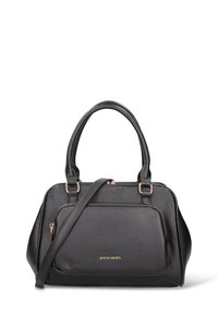 Borsa a mano in pelle nera con superficie testurizzata, dettagli in metallo dorato, doppie maniglie superiori e tracolla removibile.